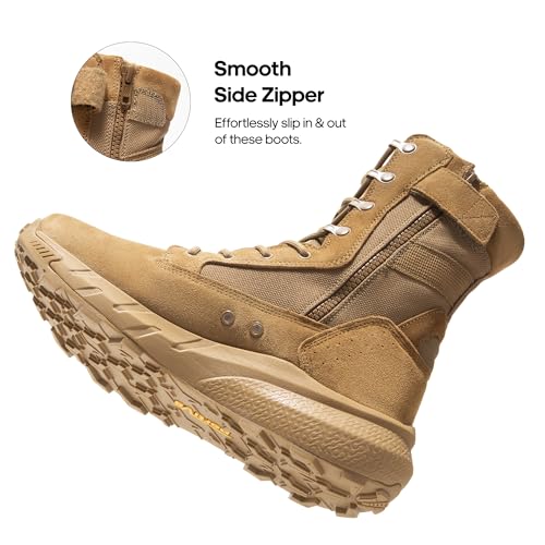Men's Breathable Tactical Military Work Boots Side Zipper Leather Lightweight Hiking Motorcycle Combat Boots 8 Inches X19743