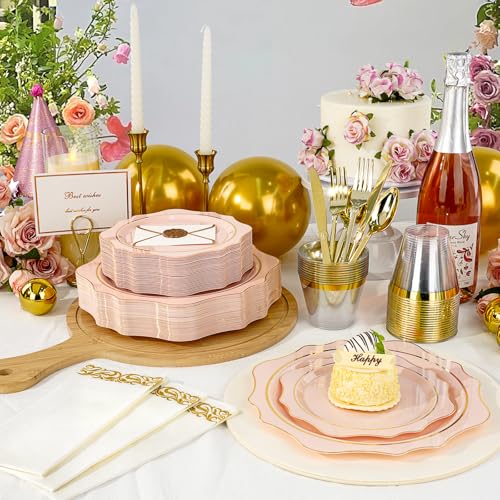 350 PCS Clear and Gold Plastic Plates, 50 Cups, 150 Silverwares, 50 Napkins F668040