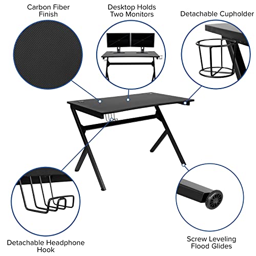 Red Gaming Desk and Blue Reclining Gaming Chair Set with Cup Holder and Headphone Hook P930277