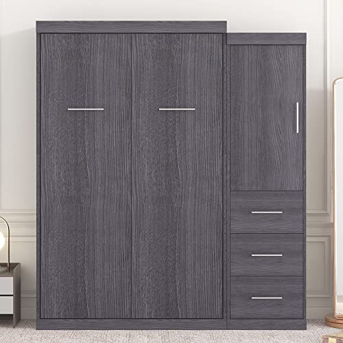 Grey Twin Size Murphy Bed with Wardrobe and Storage Drawers Z7199