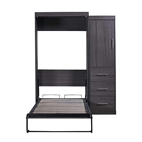 Grey Twin Size Murphy Bed with Wardrobe and Storage Drawers Z7199