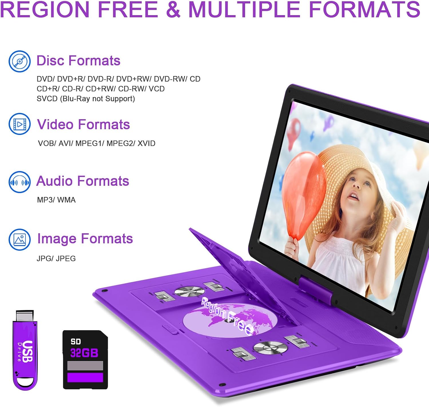17.5" Portable DVD Player with 15.6" HD Screen, 6 Hours Rechargeable Battery, Purple E73310