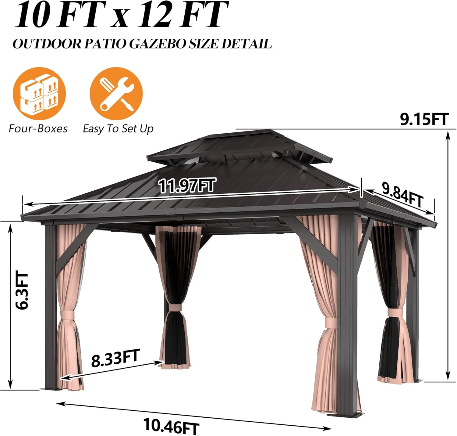 10x12FT Hardtop Gazebo with Double Roof, Heavy-Duty Galvanized Steel Top Aluminum Frame, Breathable Netting & Privacy Curtain R60898