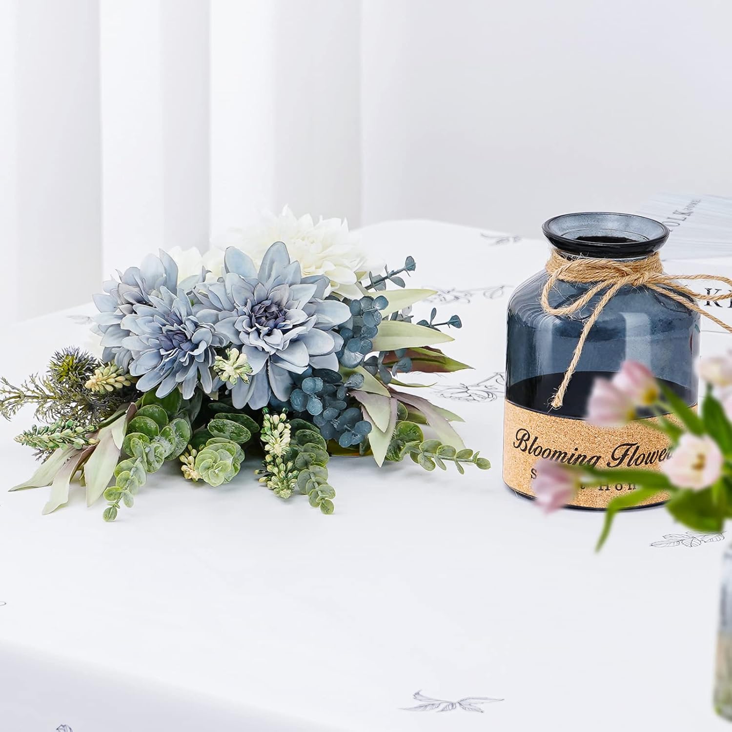 Blue White Dahlia Artificial Flowers with Glass Vase N945