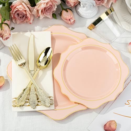 350 PCS Clear and Gold Plastic Plates, 50 Cups, 150 Silverwares, 50 Napkins F668040