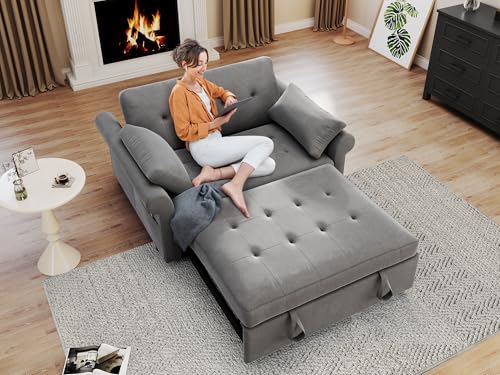 Blue Gray 55'' Convertible Sleeper Sofa with Pullout Bed and 2 Pillows N37944