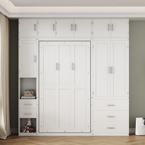 Twin Size Murphy Bed Frame with Lockers and Wardrobes, White R79415