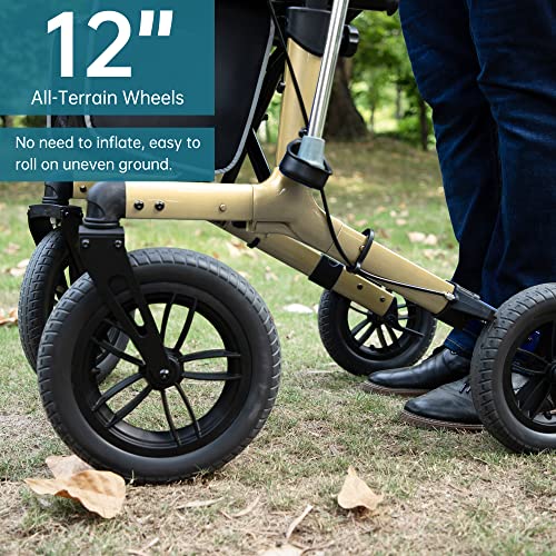 Compact Folding All-Terrain Rollator Walker with Rubber Wheels (Orange) S2282