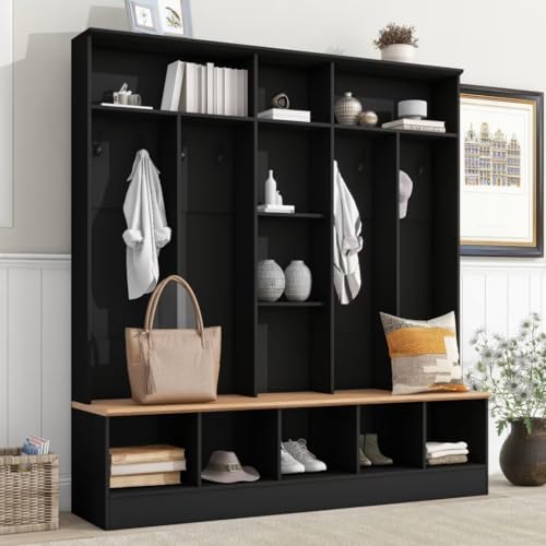 Black Hall Tree with Storage Bench and 8 Hooks W45580