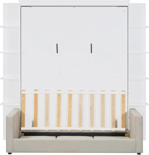 Queen Size Wood Murphy Bed with Storage Shelves and Sofa P72187