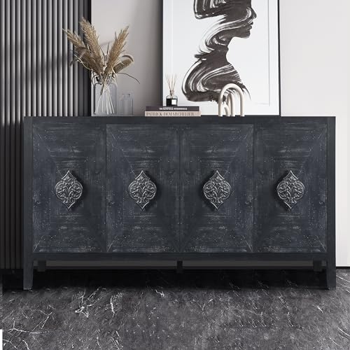 Smoke Blue 60'' Solid Wood Sideboard with 4 Doors and Adjustable Shelves S628504