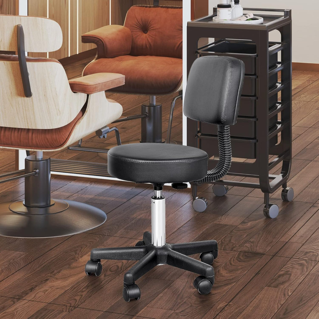Black Swivel Stool with Back Support, Adjustable Height, PU Leather, Wheels T574551