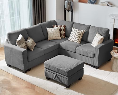 Modular Sectional Couch Corduroy L Shaped Sleeper Sofa with Storage Ottoman J7130