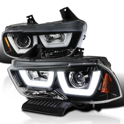 Chrome LED Dual Halo Projector Headlights for 2011-2014 Dodge Charger, Left + Right Pair Headlamps Assembly R80754