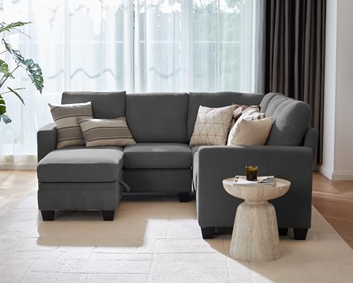 Modular Sectional Couch Corduroy L Shaped Sleeper Sofa with Storage Ottoman J7130