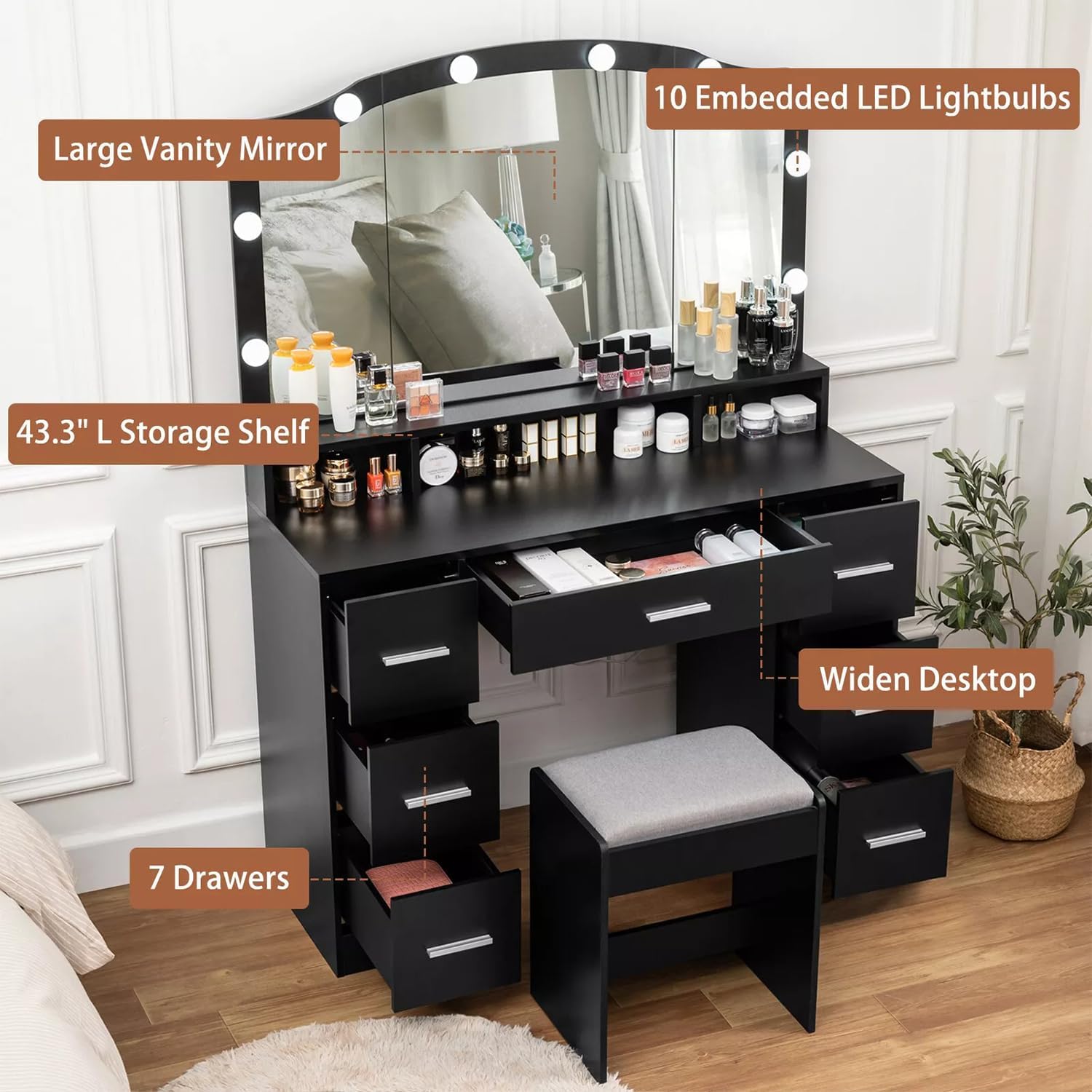 Black 43.3 inches Vanity Desk with Lighted Mirror 7 Drawers D30894