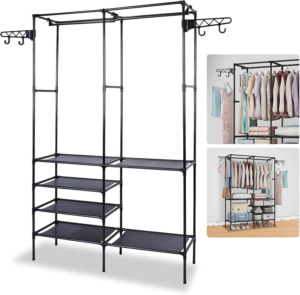 66'' Coated Metal 4 Tiers Garment Rack with 4 Hooks & 2 Hanging Rods A950