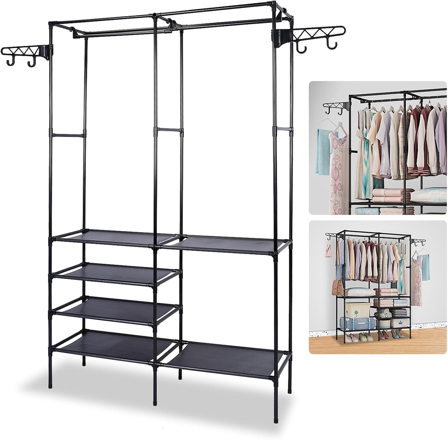 66'' Coated Metal 4 Tiers Garment Rack with 4 Hooks & 2 Hanging Rods A950