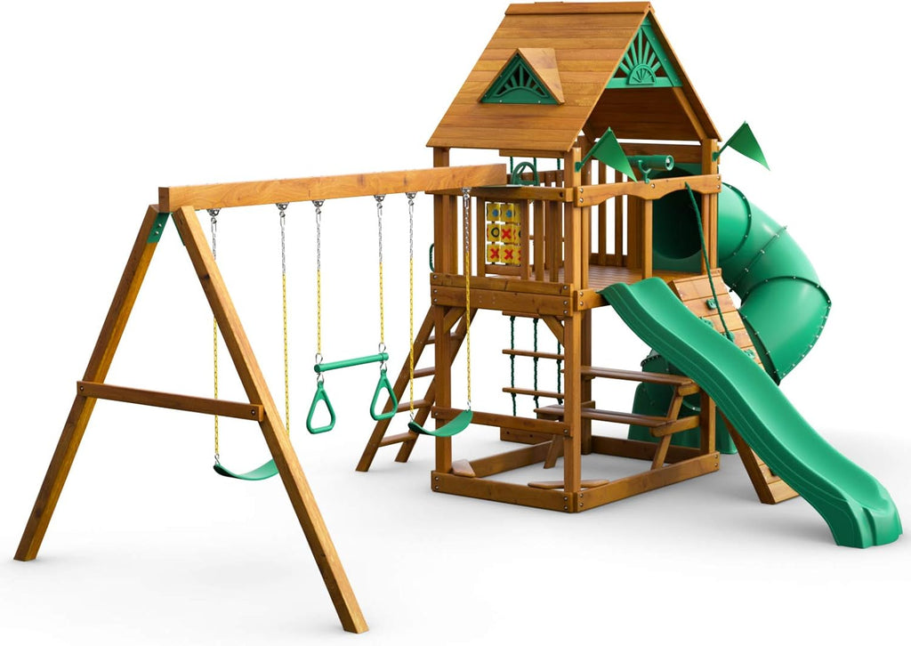 Brown Wooden Swing Set with Two Slides T5323