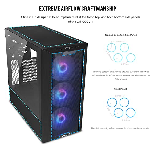 Black E-ATX PC Case with Tempered Glass Doors, Mesh Panels, 4x140mm PWM Fans H553961