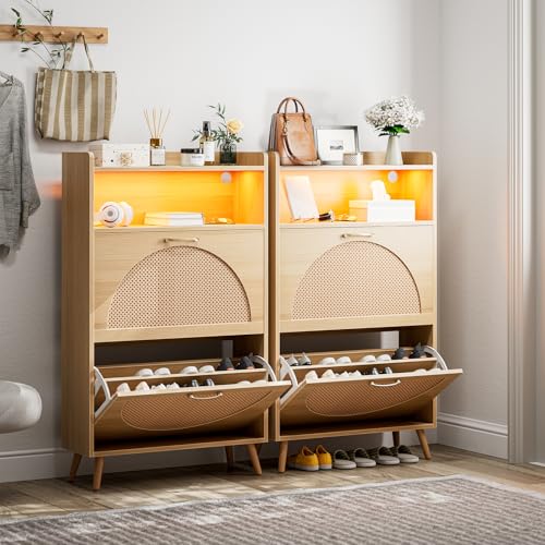Natural LED Rattan Wood Shoe Storage Cabinet with 2 Flip Drawers W6869