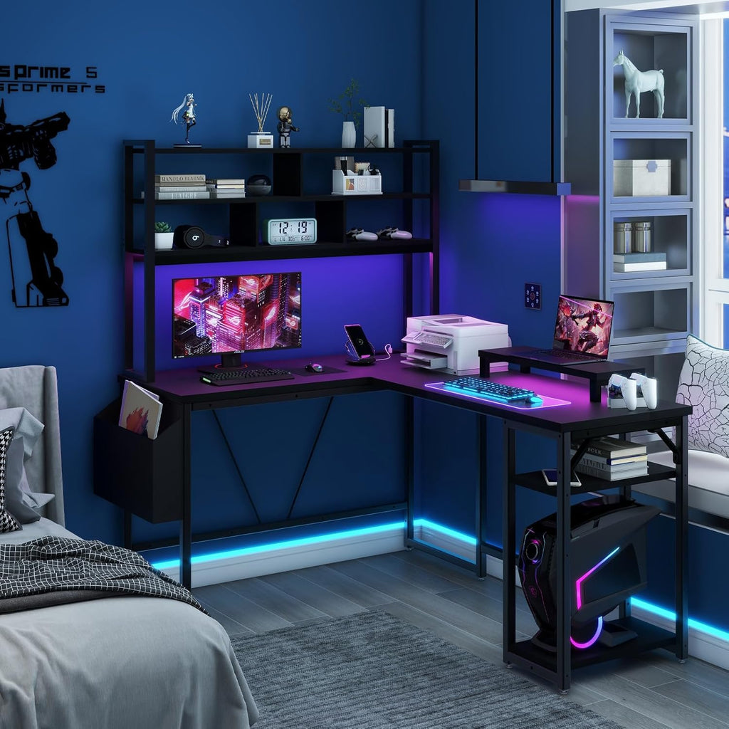 L Shaped Computer Desk with LED Lights and Power Outlets and USB Port S7697