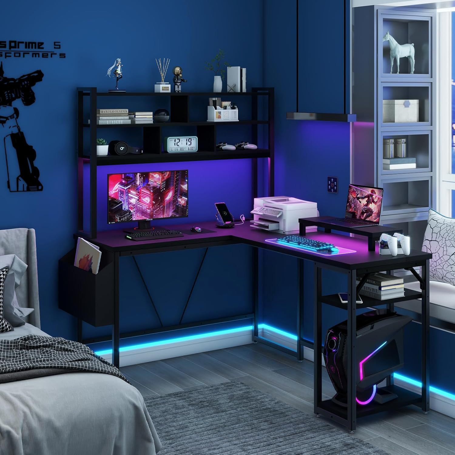 L Shaped Computer Desk with LED Lights and Power Outlets and USB Port S7697