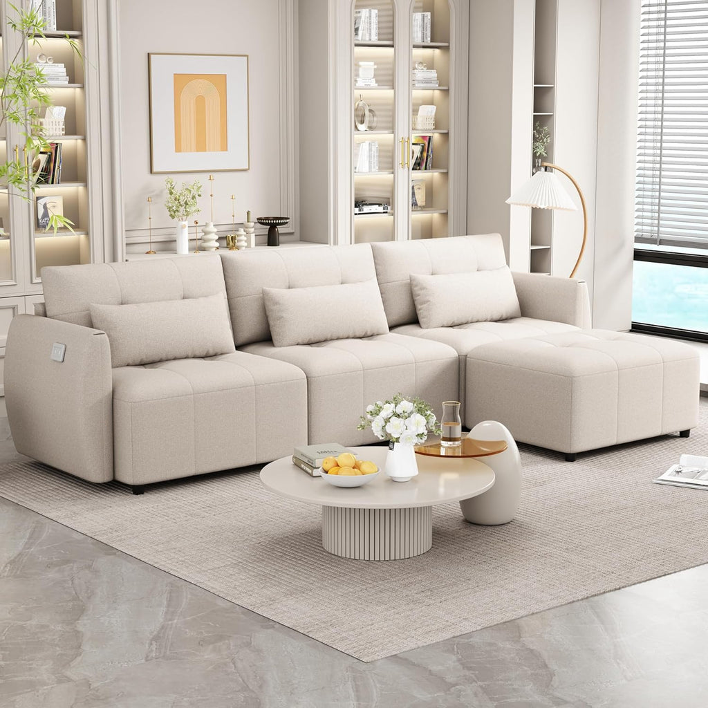 Beige Oversized 114" Convertible Sectional Sofa with Movable Ottoman C4916