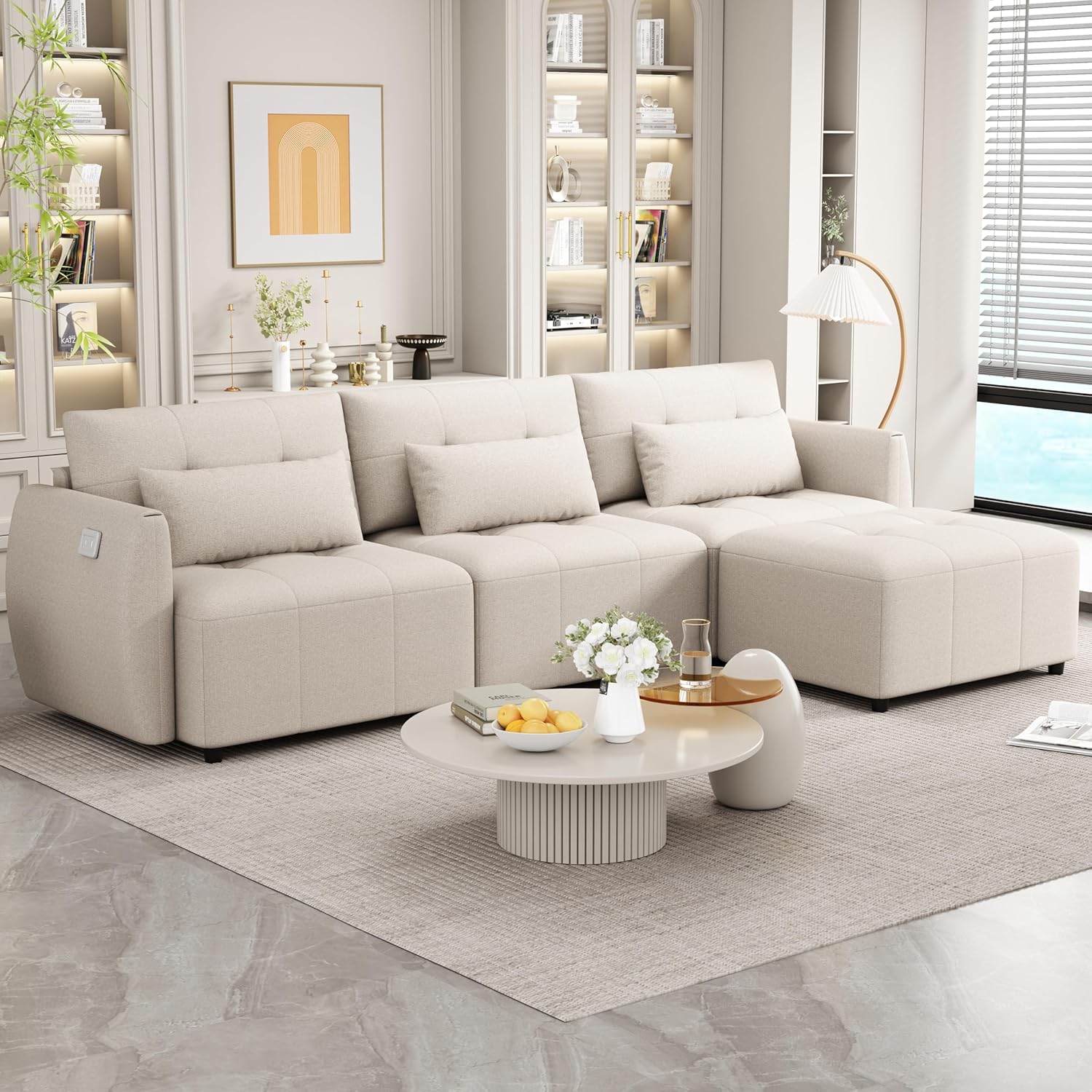 Beige Oversized 114" Convertible Sectional Sofa with Movable Ottoman C4916