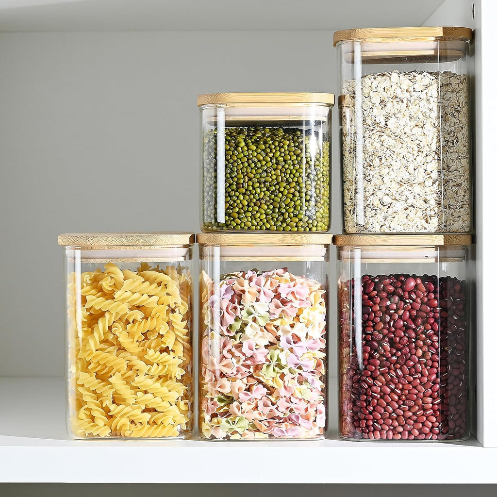 40oz Glass Food Storage Jars with Bamboo Lids, Clear Square Airtight Container Sets, Stackable Canisters (Set of 4) H80212