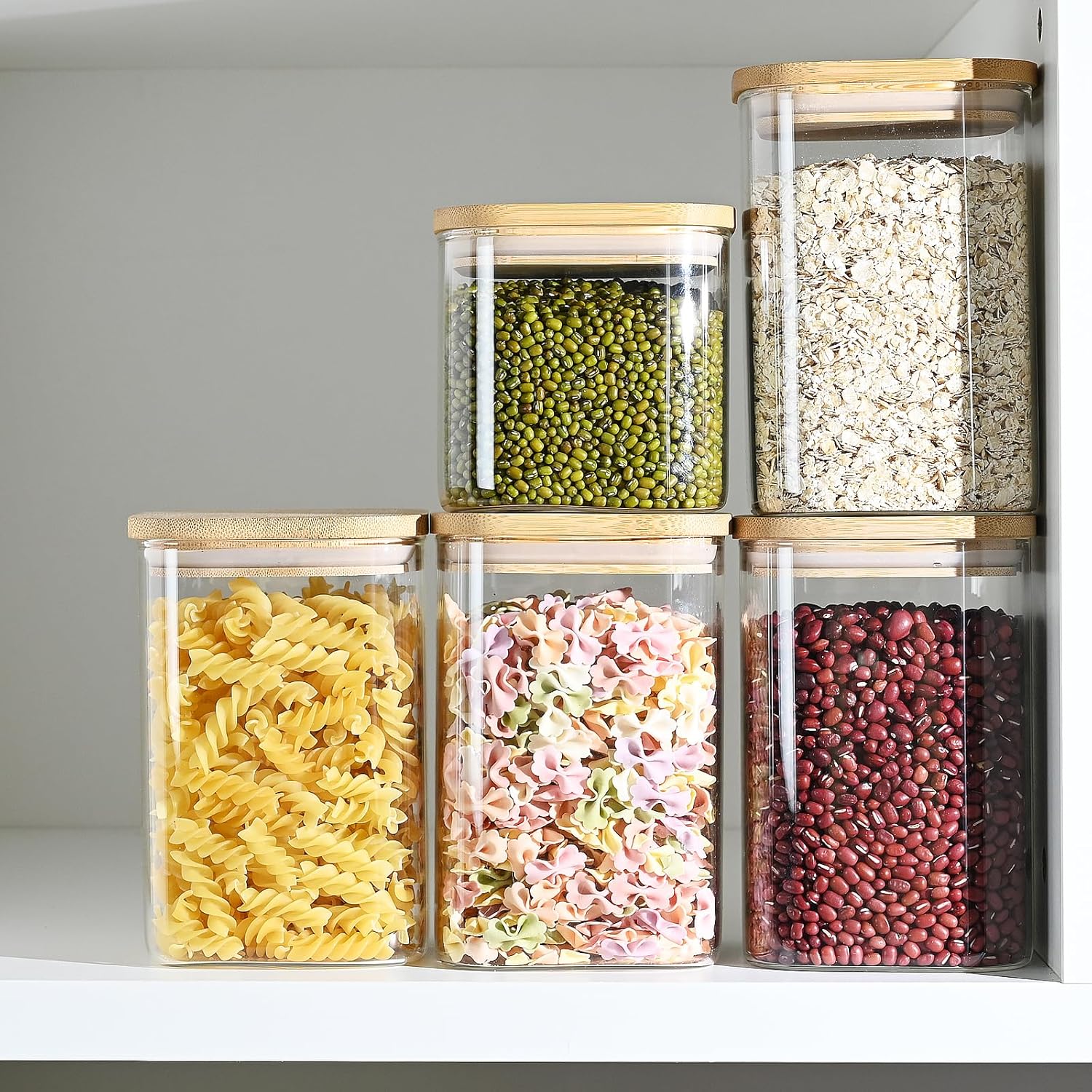 40oz Glass Food Storage Jars with Bamboo Lids, Clear Square Airtight Container Sets, Stackable Canisters (Set of 4) H80212