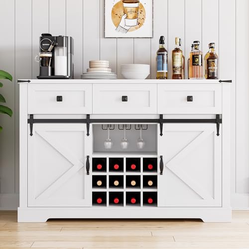 White Buffet Cabinet with 3 Drawers and Sliding Barn Door I175