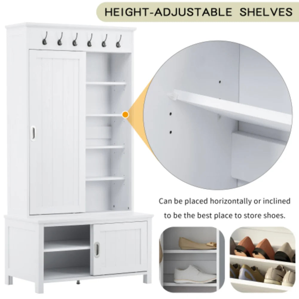 White Wooden Hall Tree with Sliding Doors and Storage Bench W631