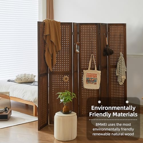 Natural Solid Wood 4 Panel Room Divider with Shelves and 16 Hooks G25804