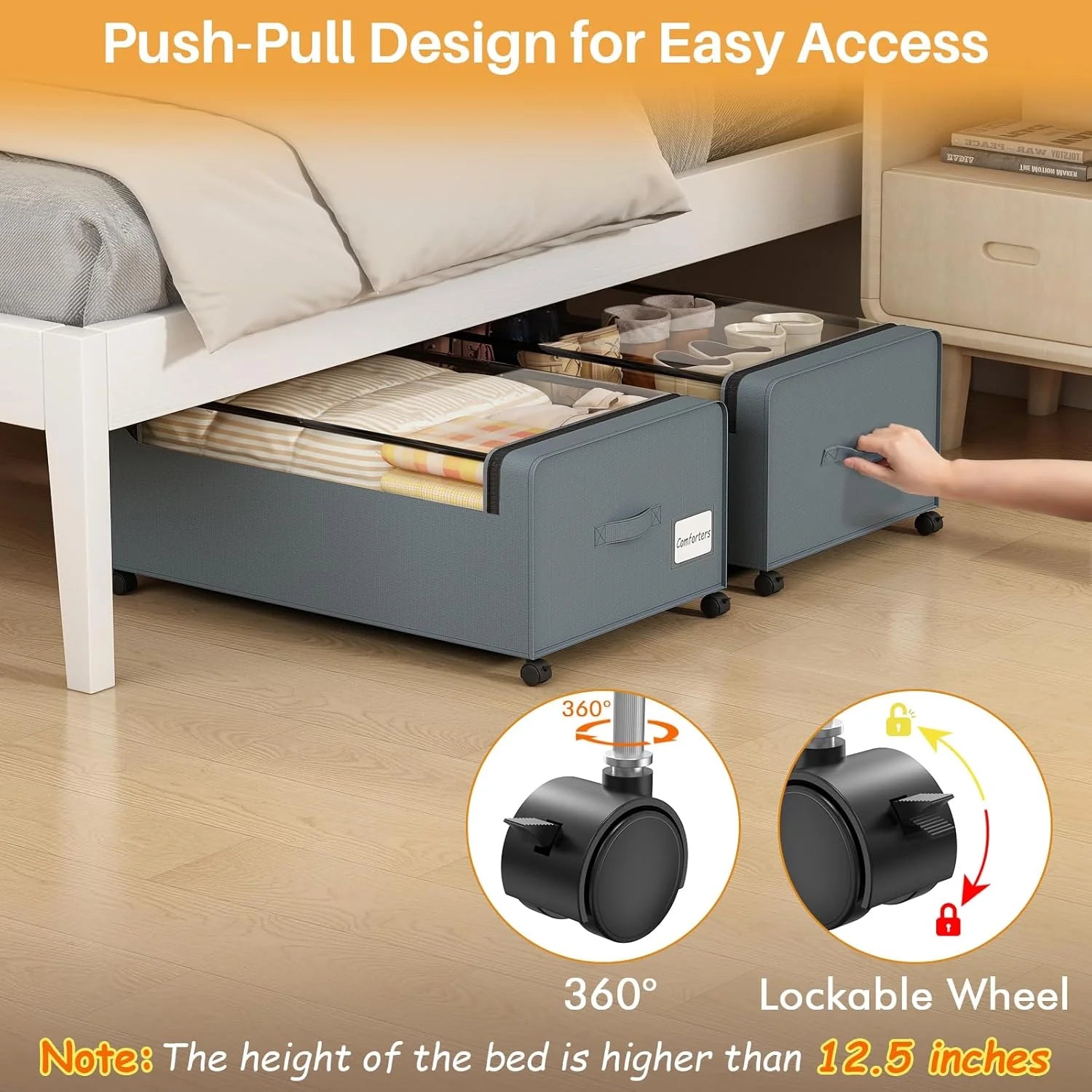 12 inch Under Bed Storage Bins with Clear Lid, Wheels, 2 Pack, Grey, 30.7x17.3x12 F48371