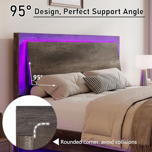 Rustic Grey Full Size Platform Bed Frame with Headboard and LED Light B454396