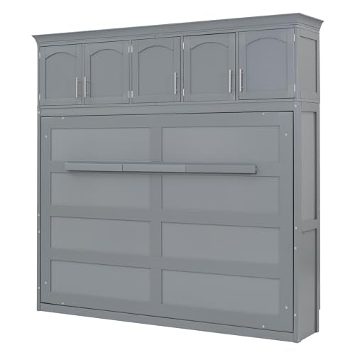 Full Size Murphy Bed with Built-in Wardrobe, 3 Drawers and 3 Open Shelves G7423
