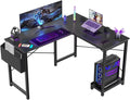 Black L Shaped Computer Desk with Wooden Desktop CPU Stand Side Bag B220