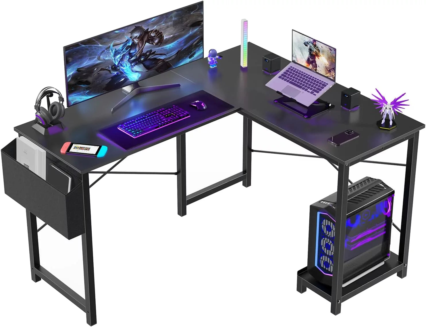Black L Shaped Computer Desk with Wooden Desktop CPU Stand Side Bag B220