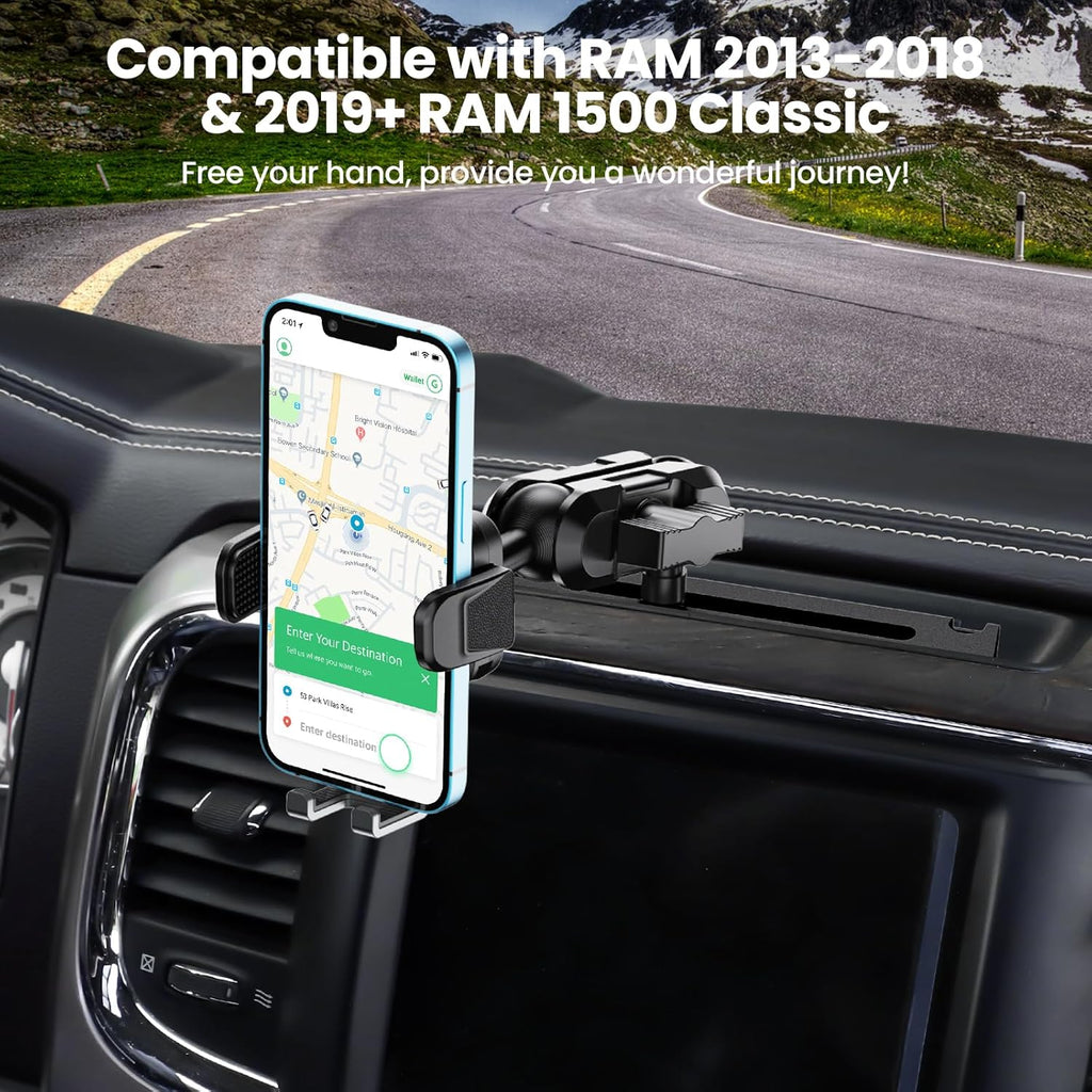 Metal Phone Mount for Ram Truck 2013-2018, Dash Mount Cell Phone Holder Compatible with RAM 1500/2500/3500 & 2019+ Classic, 360° Rotation Adapter Phone Stand J263359