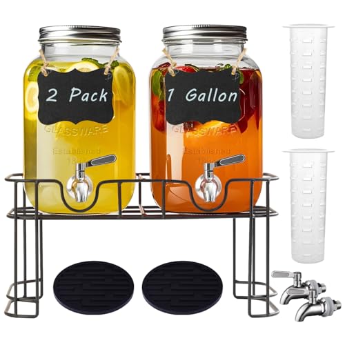 1 Gallon Glass Drink Dispenser with Stand, 2 Pack D914