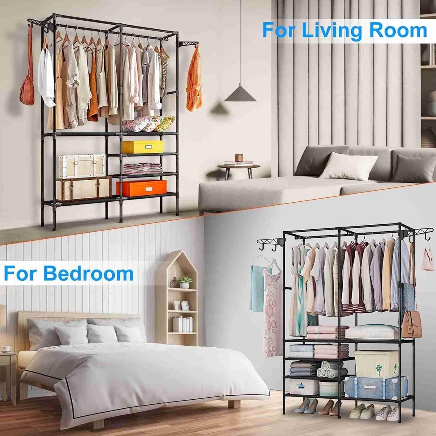 66'' Coated Metal 4 Tiers Garment Rack with 4 Hooks & 2 Hanging Rods A950