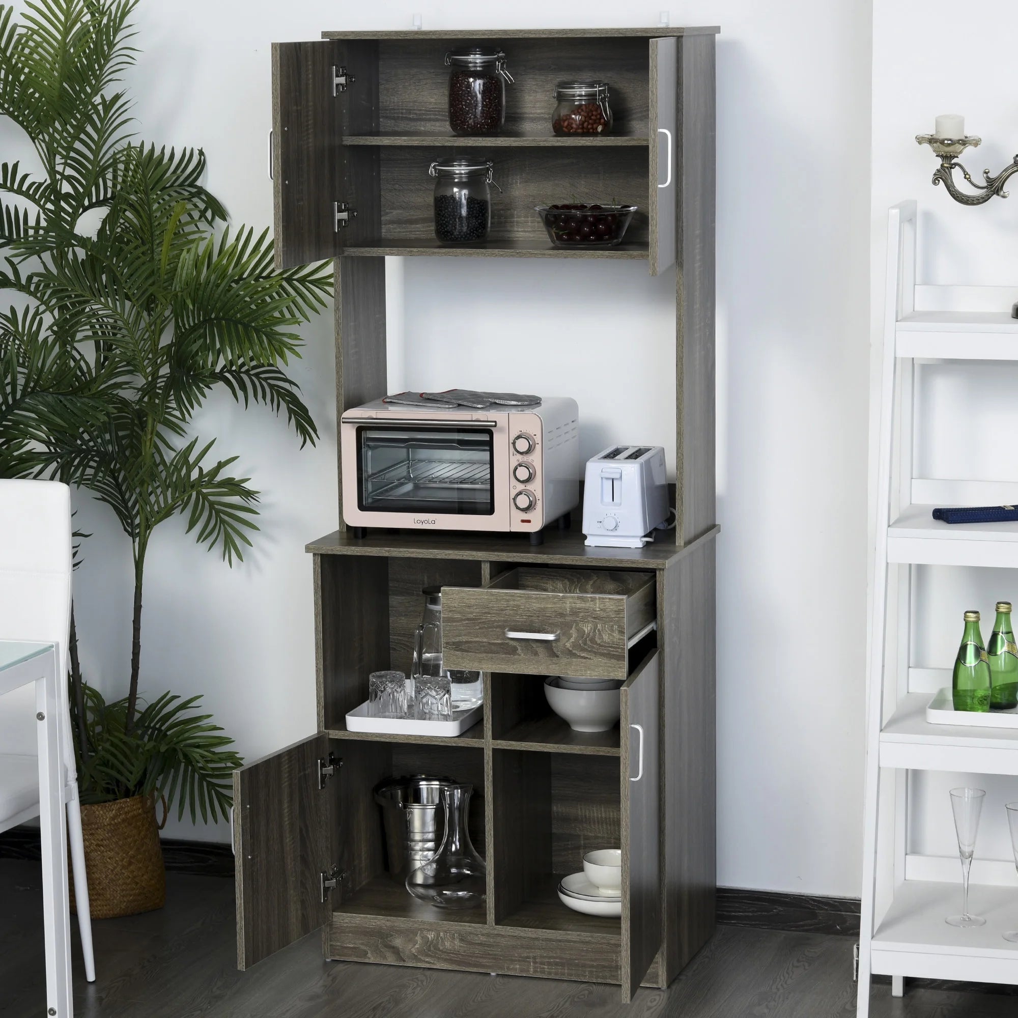 Gray Kitchen Pantry Storage Cabinet with Microwave Stand Z697127